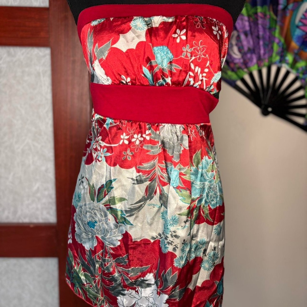 Vibrant Strapless Floral Dress - Red and Blue